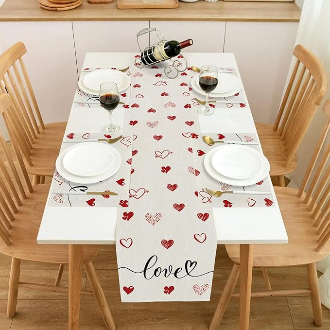 Valentines Day Table Runner 13x60 Inch, Love Hearts Valentine Table Runner, Anniversary Home Kitchen Dining Table Holiday Party Decorations