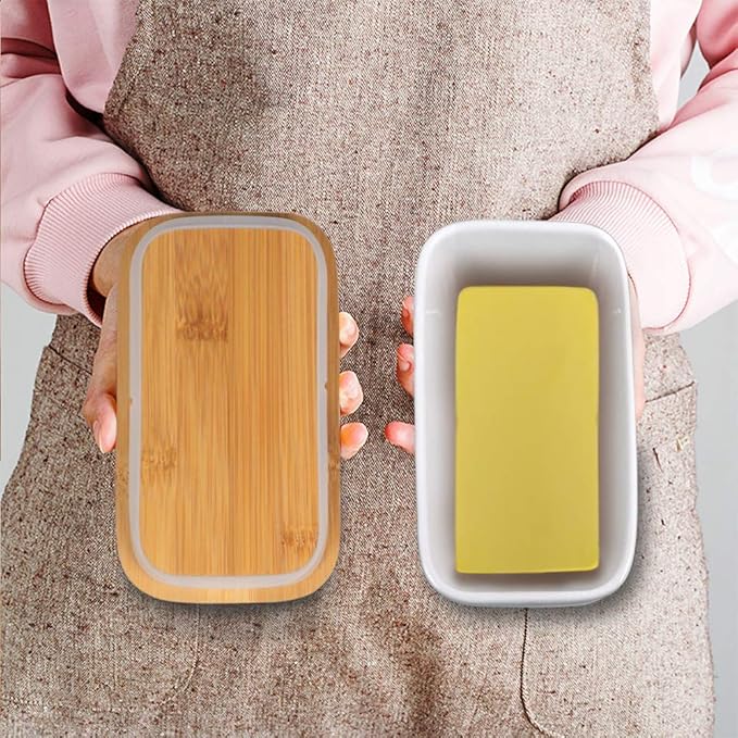 Ceramic Butter Dish with Wooden Lid, Large Butters Container Keeper Storage with Stainless Steel Knife Spreader, Bamboo Cover and Silicone Sealing Ring for West East Coast, White