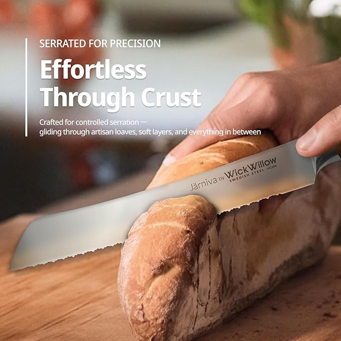 8 Inch Bread Knife – Double Serrated Swedish Steel Sourdough Knife with Italian Olive Wood Handle – Premium Serrated Knife for Homemade Bread, Pastries & Gifts for Home Bakers