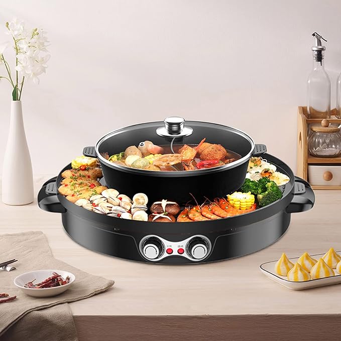 2 in 1 Hot Pot with Grill, 110V 2200W Electric Hot Pot, Barbecue Grill Pot Electric Shabu for Homes, Restaurants, Picnics
