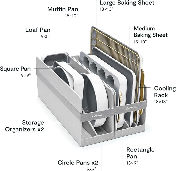 Caraway Nonstick Ceramic Bakeware Set (11 Pieces) - Baking Sheets, Assorted Baking Pans, Cooling Rack, & Storage - Aluminized Steel Body - Non Toxic, PTFE & PFOA Free - White