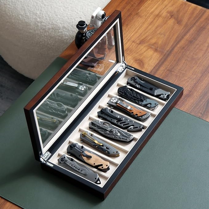 Bonaking Knife Display Case for 8 Pocket Knives Pocket Knife Case Storage Box for Men's Gift Knife Cases for Collections with Walnut Finish and Glass Window Top