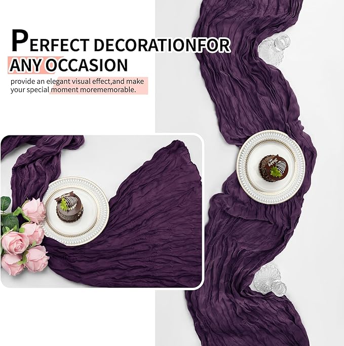 12 Pcs Dark Purple Cheesecloth Table Runner 10Ft, Gauze Table Runners 21.5 x 120 inch,Semi Sheer Cheese Cloth Fabric Runner Bulk for Wedding,Party,Baby Shower,Bridal Shower