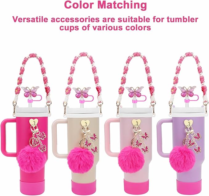 Accessories Set Including Water Bottle Handle Strap, Silicone Boot, Resin Butterfly Straw Cover, Straw Topper, Lip Balm Sleeve, Butterfly & Hairball Charms for Stanley Cup Tumbler