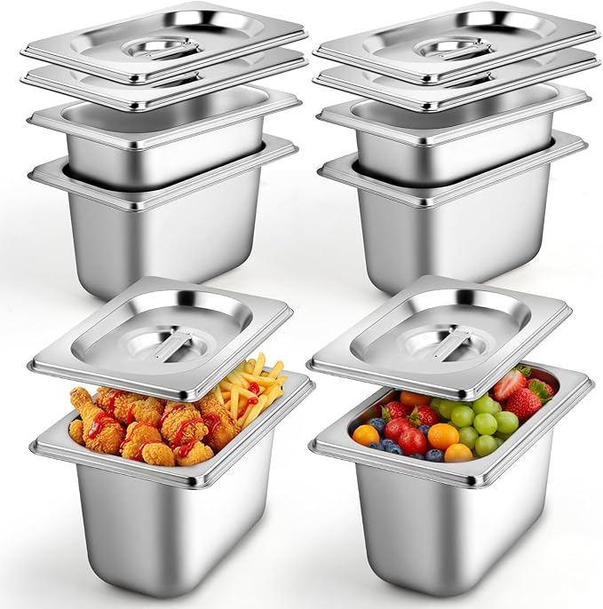 West Bay 6 Pack 1/9 Size Hotel Pan with Lids, 4'' Deep Steam Table Pan with Lid, 5.3'L x 2.7''W Stainless Steel Pans for Home, Party, Hotel, Buffet