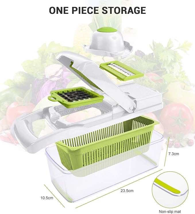 ADOV Vegetable Chopper, 14 in 1 Multi-Function Kitchen Mandoline Slicer, 7 Replaceable Stainless Steel Vegetable Cutter with Egg Separator Hand Guard Julienne Grater for Onion Potato Fruits (Lime)