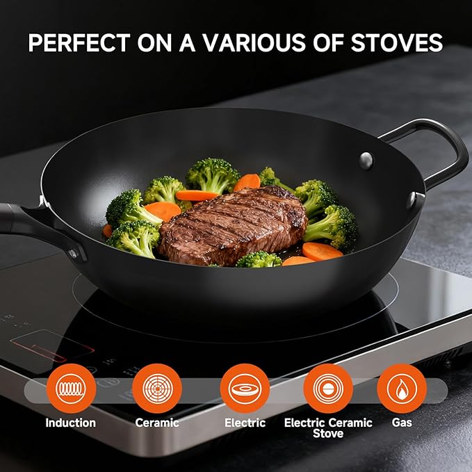 SUMEIGUAN 13.5" Carbon Steel Wok Pan - Pre-Seasoned Flat Bottom Woks & Stir-fry Pans Chinese Cookware with Lid & Spatula - For Pan-fry,Stir Fry, Steam, BBQ & Camping - Compatible with Induction, Gas