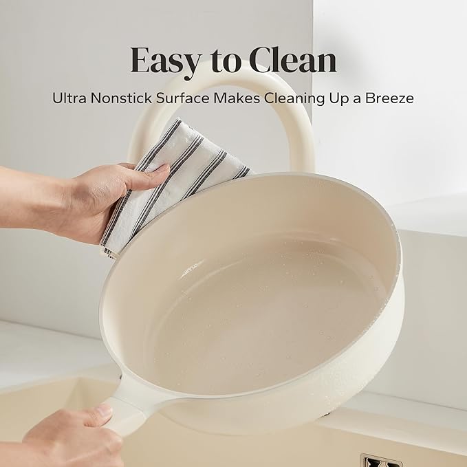 Redchef Nonstick Deep Frying Pan with Lid, Ceramic Saute Pan Skillet, PFOA PFOS Free, Induction Compatible, Stay-Cool Helper Handle, Tempered Glass Cover, Dishwasher Safe, Beige (3.7Qt, 10")