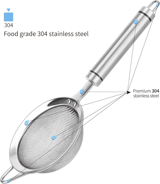 3.35inch 304 Stainless Steel Fine Mesh Strainers for Kitchen, Colander-Skimmer with Handle, Metal Sieve Sifters for Food, Rice, Oil, Noodles, Fruits, Vegetable, Tea Strainer
