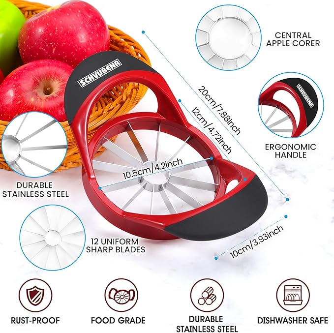 SCHVUBENR Large Apple Corer and Slicer - 4.72 Inch Apple Cutter Slicer with 12 Blades - Stainless Steel Apple Slicer - Sharp Apple Corer Tool - Anti-Slip Grip, Easy to Use & Dishwasher Safe - Red