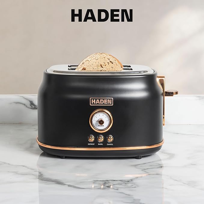 Haden Dorset 2-Slice Wide-Slot Toaster, Stainless-Steel Bread Toaster with Adjustable Browning Control, Crumb Tray & Non-Slip Feet, Black & Copper