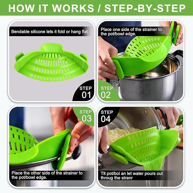 Universal Clip On Pot Strainer - Heat Resistant Silicone Snap-on Drainer & Colander for Pasta, Grease & Vegetables, Hands-Free Kitchen Gadget for Pans & Bowls, Space-Saving & Dishwasher Safe