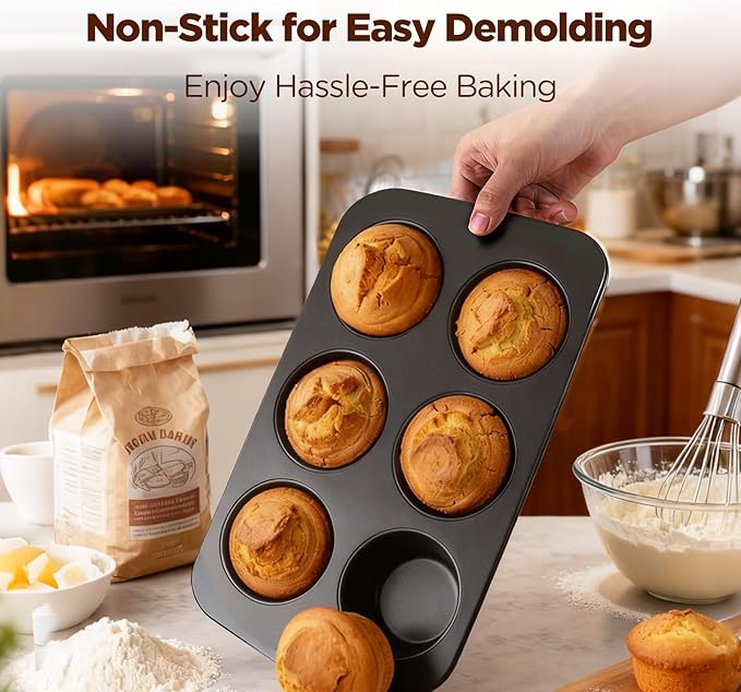 VEOOK 2 Pack Jumbo Muffin Pan, Texas Size Nonstick Cupcake Pan, 6-Cup Giant Muffin Tin, Carbon Steel Baking Pan for Muffins, Cupcakes, Brownies, Easy Clean & Heavy Duty(JP-01)