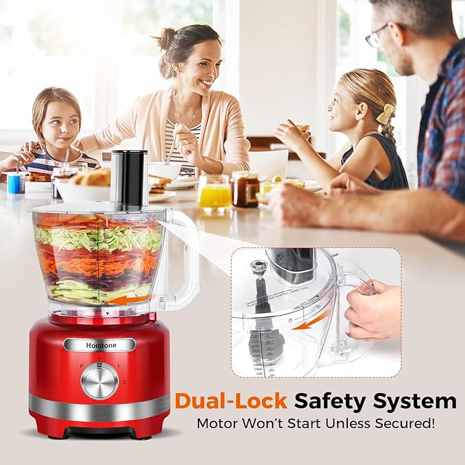 Homtone 16 Cup Food Processor Large, 9 Functions 7 Blades 3 Speeds for Shredding, Slicing, Making French Fries, Chopping Meat, Kneading Dough & Emulsifying, 600W