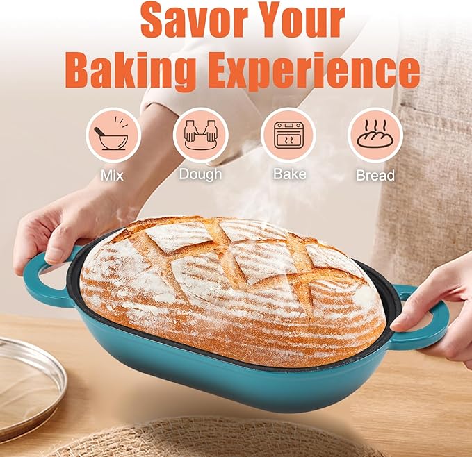 NSIRONS Enameled Cast Iron Sourdough Bread Oven, 5QT Loaf Cast Iron Bread Pan with Lid, Oval Dutch Oven for Homemade Bread Baking, Meatloaf Pan with Lid (Gradient Blue-green)