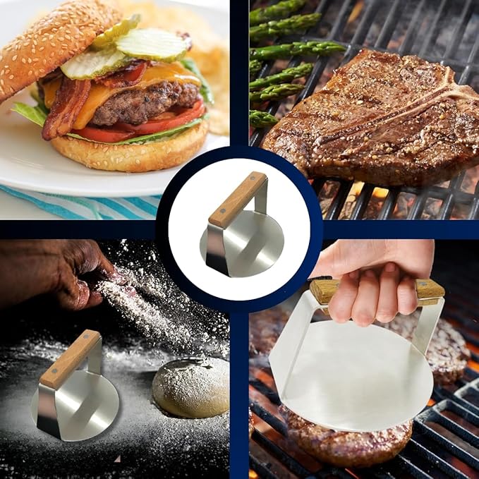 Youlander Stainless Steel Smash Burger Press | 6-Inch Non-Stick Round Burger Smasher for Smashburgers | Heavy Duty Meat and Veggie Smasher with Grill Press for Flat Top Grill Cooking