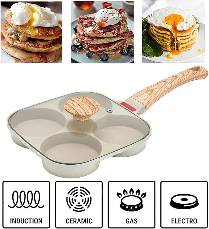 MIHUNTER Fried Egg Pan, Egg Frying Pan with Lid Nonstick 4 Cups Pancake Pan Aluminium Alloy Cooker for Breakfast(White)