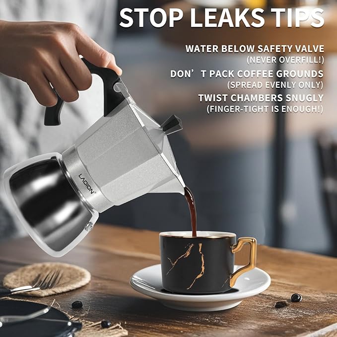 LAOION Stovetop Espresso Maker, 6Cup Moka Pot, Espresso Machine Compatible with Induction Cooktops, 300ml Stainless Steel & Aluminum Cuban Coffee Maker for Cafetera Cubana, Silver