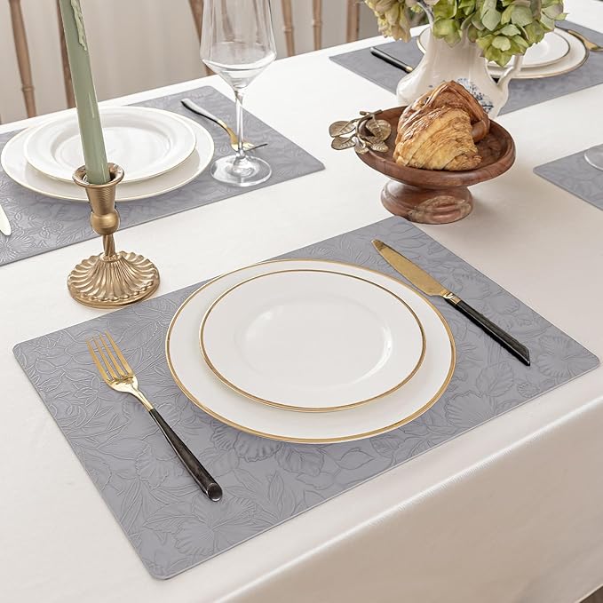 Romanstile Vinyl Placemats Set of 4-12 X 17 Inch - Heat Resistant Non-Slip Embossed Floral Place Mats 100% Waterproof Oilproof Wipeable Faux Leather Table Mats for Kitchen/Dining/Party, Grey