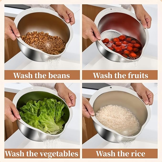 2-Piece 304 Stainless Steel Rice Washer Strainer Bowl with Grater Lid – Multifunctional Fruit Washing Basin and Rice Rinser Set, Heavy-Duty Kitchen Colander