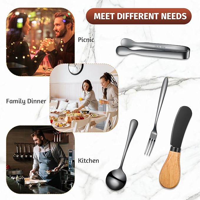 Cheese Butter Spreader Knives Set Charcuterie Accessories Stainless Steel Spreader Knives with Wooden Handles Charcuterie Boards Utensils Mini Serving Tongs Spoons and Forks (Black,14 Pieces)
