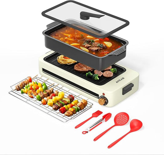 AORAN Electric Indoor Grill – 1700W Smokeless BBQ, Hot Pot & Griddle with 4 Free Tools – Adjustable Temp Control, Non-Stick Coating, Easy Clean White
