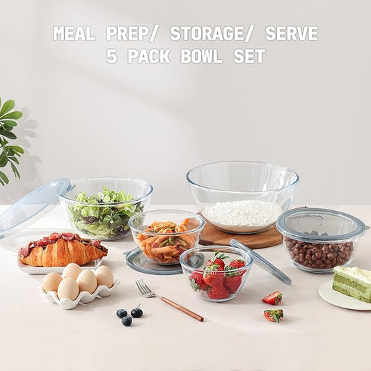 5pc Glass Mixing Bowls with Lids Set (4.65QT, 2.80QT, 1.64QT, 1.16QT, 0.85QT), Nesting Salad Bowl, Large Glass Mixing Bowl for Cooking, Baking, Prepping-Dishwasher Microwave Freezer Safe