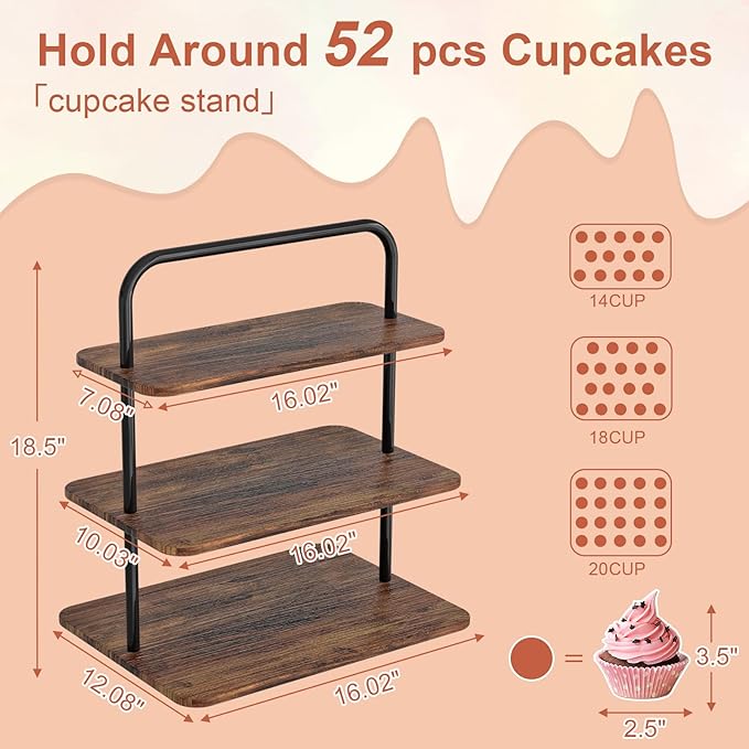 Cupcake Stand, 3-Tier Dessert Stand for 52 Cupcakes, Wood & Metal Tower Display Premium Holder Dessert Tree Tower for Christmas Birthday Weddings Party Decor, Serving Tray, Wood Brown