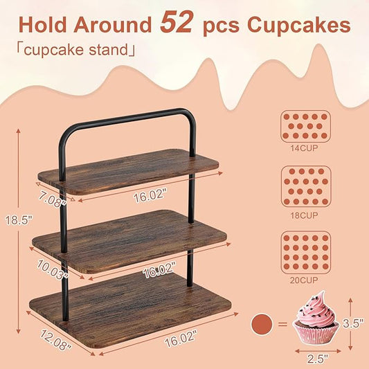 Cupcake Stand, 3-Tier Dessert Stand for 52 Cupcakes, Wood & Metal Tower Display Premium Holder Dessert Tree Tower for Christmas Birthday Weddings Party Decor, Serving Tray, Wood Brown