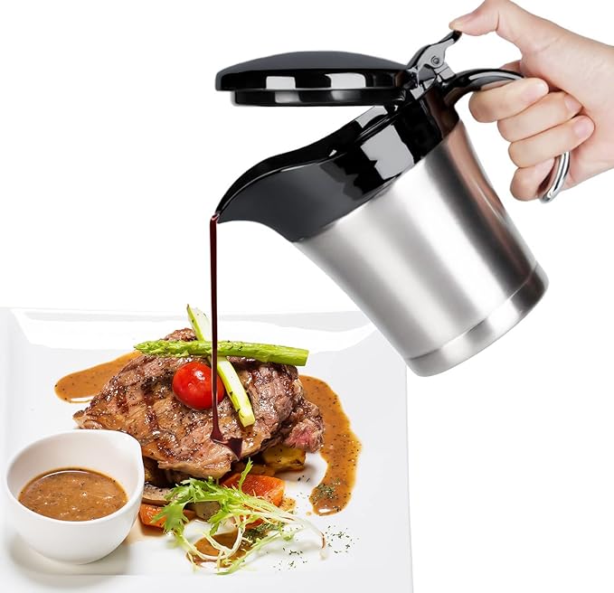 Stainless Steel thermal Gravy Boat, 16 Oz Double Insulated Gravy Sauce Jug with Hinged Lid for Family Dinner, Thanksgiving, Halloween, Christmas