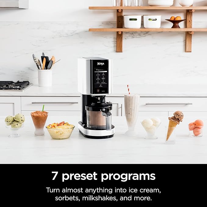 Ninja CREAMi Ice Cream Maker, 7 One-Touch Programs, with (2) Pint Containers & Lids, Compact Size, White (NC301WHBBB)
