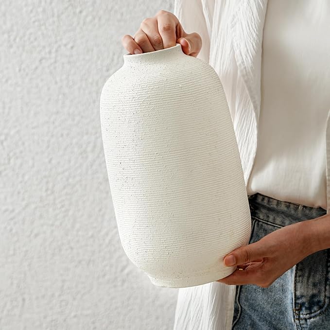 White Ceramic Flower Vase Home Decor - Large Tall Farmhouse Table Vases Rustic Living Room Kitchen Bedroom Decorations for House Book Shelf Office Coffee Desk，Hand-Made Textured Surface (10.8“ H)