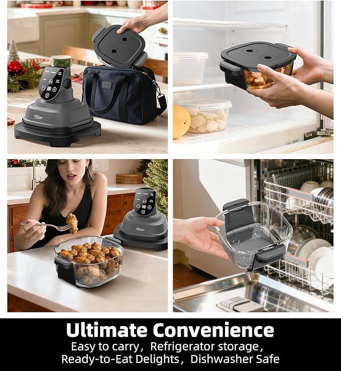 Tixixc 5-in-1 Portable Glass Air Fryer, 4QT & 6-Cup Glass Containers with Lids, Silicone Mat, 1500W Small Air Fryer, 90% Less Oil, Dishwasher/Freezer Safe for Single Servings, Family Meals