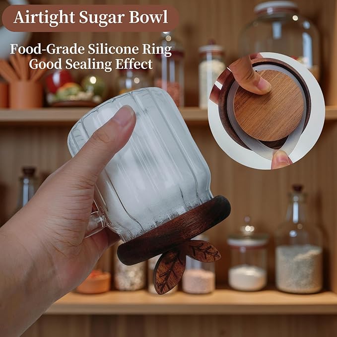 Sugar Bowl with Lid and Spoon,20 oz Sugar Container for Coffee Bar, Glass Coffee Canister, Airtight Food Storage Jar, Brown Sugar Container, Cereal Tea Salts Spice Jar