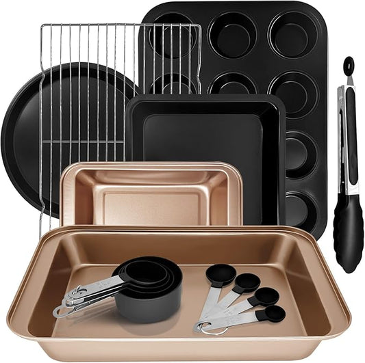 15pcs Nonstick Bakeware Set with Cooling Rack & Accessories, Baking Pan Set Includes Muffin Pan, Cake Pans, Loaf Pan, Baking Sheet, Measuring Cups & Tongs – Oven Safe Metal Bakeware for Home Baking