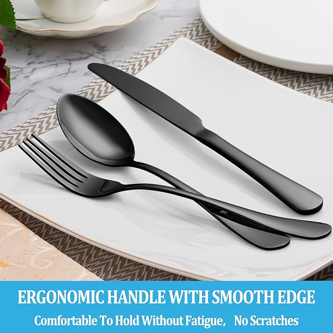 16 Piece Black Dinner Forks Set, Food-Grade Stainless Steel Silverware Forks, Cutlery Fork, Metal Fork for Home, Kitchen or Restaurant, Mirror Polished, Dishwasher Safe - 8 Inch