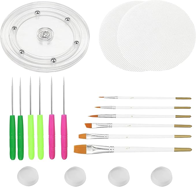Cookie Decorating Kit Supplies Including 1 Acrylic Turntable 6 Scribe Needle 2 Silicone Mesh Mats 6 Cookie Decoration Brushes 4 Rubber Feet Bumpers