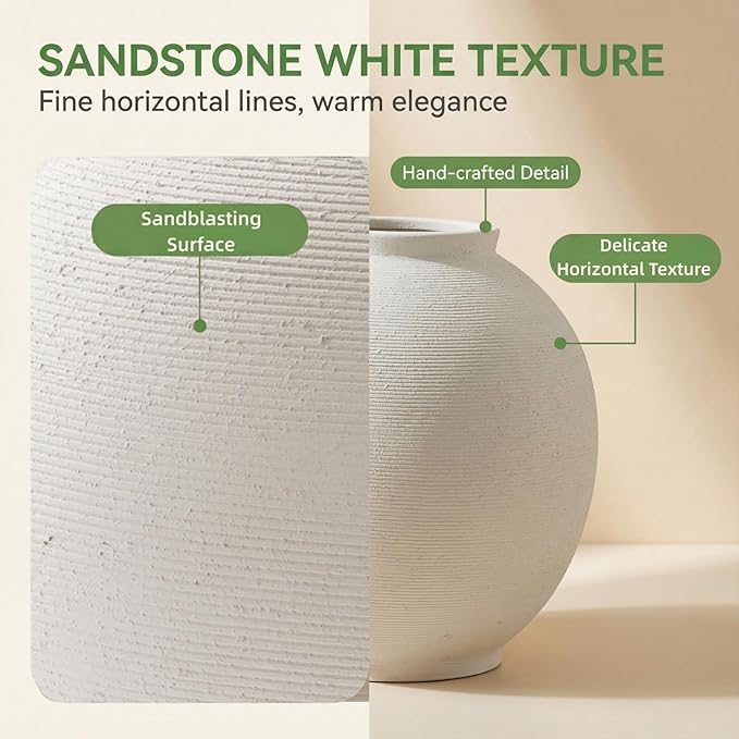Large White Ceramic Flower Vase Home Decor, Round Rustic Table Vases Farmhouse Living Room Entrway Kitchen Bedroom Decorations，Minimalist Hand-Made Textured Vase (10.8” Sandstone White)