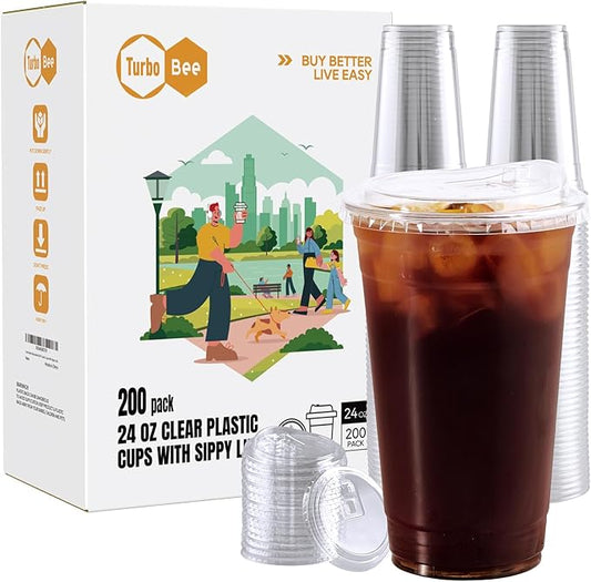 Turbo Bee 24 OZ 200 Sets Clear Plastic Cups with Strawless Sip Lids, To Go Crystal Clear Disposable Plastic Cups with Lids for Iced Coffee, Smoothies, Soda, Lemonade, Cold Beverage