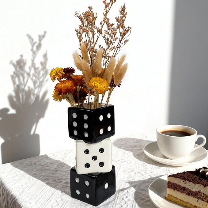 Triple Dice Ceramic Vase – Elegant Black & White Decorative Vase for Home & Bar, Perfect for Flowers | Unique Centerpiece for Dining Table, Coffee Table & Entryway | Stylish Decor for Kitchen