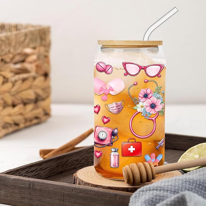 Gifts For Nurse - Nurse Life Glass Cup with Lid & Straw 16 Oz - Nurses Week Gifts - Nursing Student RN Practitioner Gift - Retirement Graduation Christmas Caregiver Appreciation Nursing Ideas