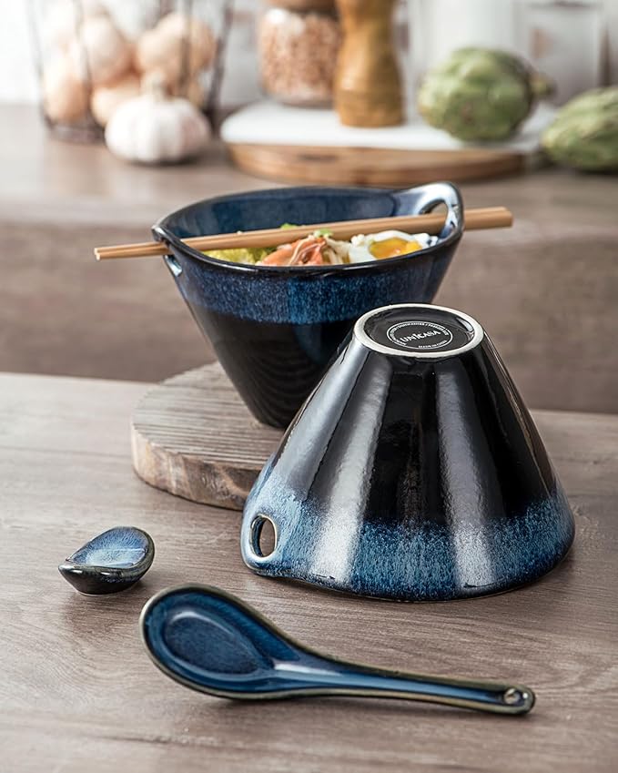 UNICASA Japanese Ramen Bowl Set with Chopsticks, Spoons and Rests, 20oz Deep Porcelain Noodle Bowl Set of 2 for Udon, Pho, Salad, Soup (Reactive Blue)