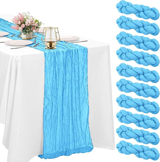 10 Pack Cheesecloth Table Runner 10FT Boho Gauze Rustic Fabric Table Runner Vintage Sheer Tablecloth for Wedding Party Bridal Baby Shower Decorations (Light Blue)
