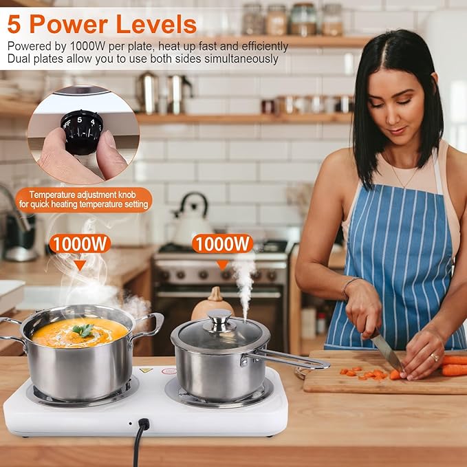 Portable Double Burner Electric Coil Heating Hot Plate Stove Countertop RV Hotplate Temperature Controls Easy to Clean 2000W