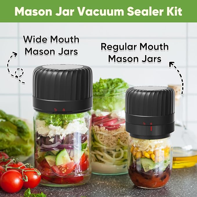 Electric Mason jar Vacuum Sealer Kit for Wide-Mouth & Regular-Mouth Mason Jars, Canning Vacuum Sealer Mason Jar for Food Storage, Includes Lids, Opener, Charger