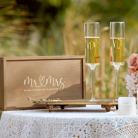 AW BRIDAL Mr and Mrs Champagne Flutes Set of 2, Engagement Bridal Shower Gifts for Couple Newlyweds, Wedding Anniversary Toasting Glasses with Wooden Box for Bride Groom