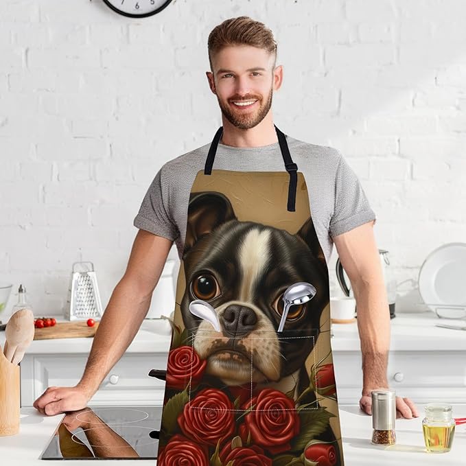 Cute Boston Terrier Apron with Adjustable Neck Strap,Dog Rose Vintage Kitchen Aprons with 2 Pockets for Women,28x33in,Oxford Fabric,Gifts for Wife Mom,For Chef Cooking Baking Gardening BBQ