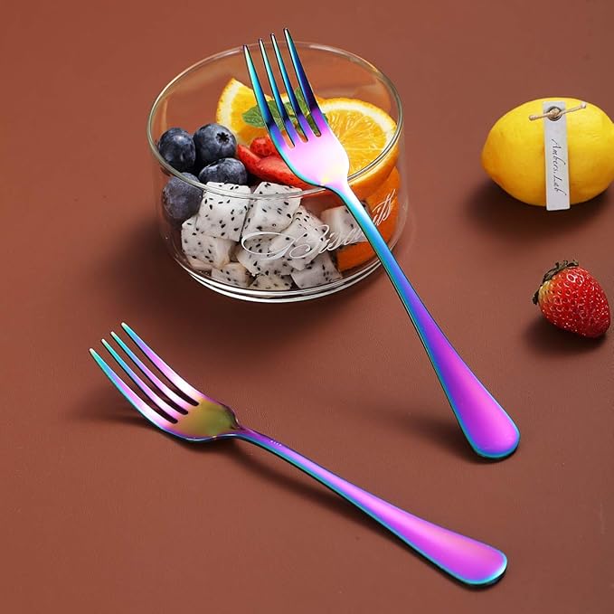 Rainbow Dinner Forks Set of 12, Berglander Stainless Steel Titanium Mutil-Color Plating Fork Set, Colorful Forks And Spoons Silverware, Table Forks Set Sturdy And Dishwasher Safe