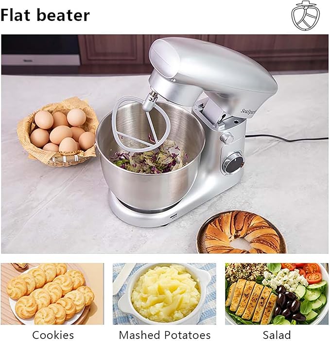 SeaSpark Stand Mixer, 3 in 1 Stand Mixer, 5.5Qt Electric Mixer, Mixer with Stainless Dough Hook, Wire Whip & Beater, Food Mixer for Baking, Cake and Most Home Cooks, Silver