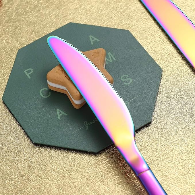 Rainbow Dinner Knives 4 Pieces, Homquen Sturdy 9" Stainless Steel Modern Design Knife, Colorful Titanium Plating Knifes Set With Round Edge Dishwasher Safe